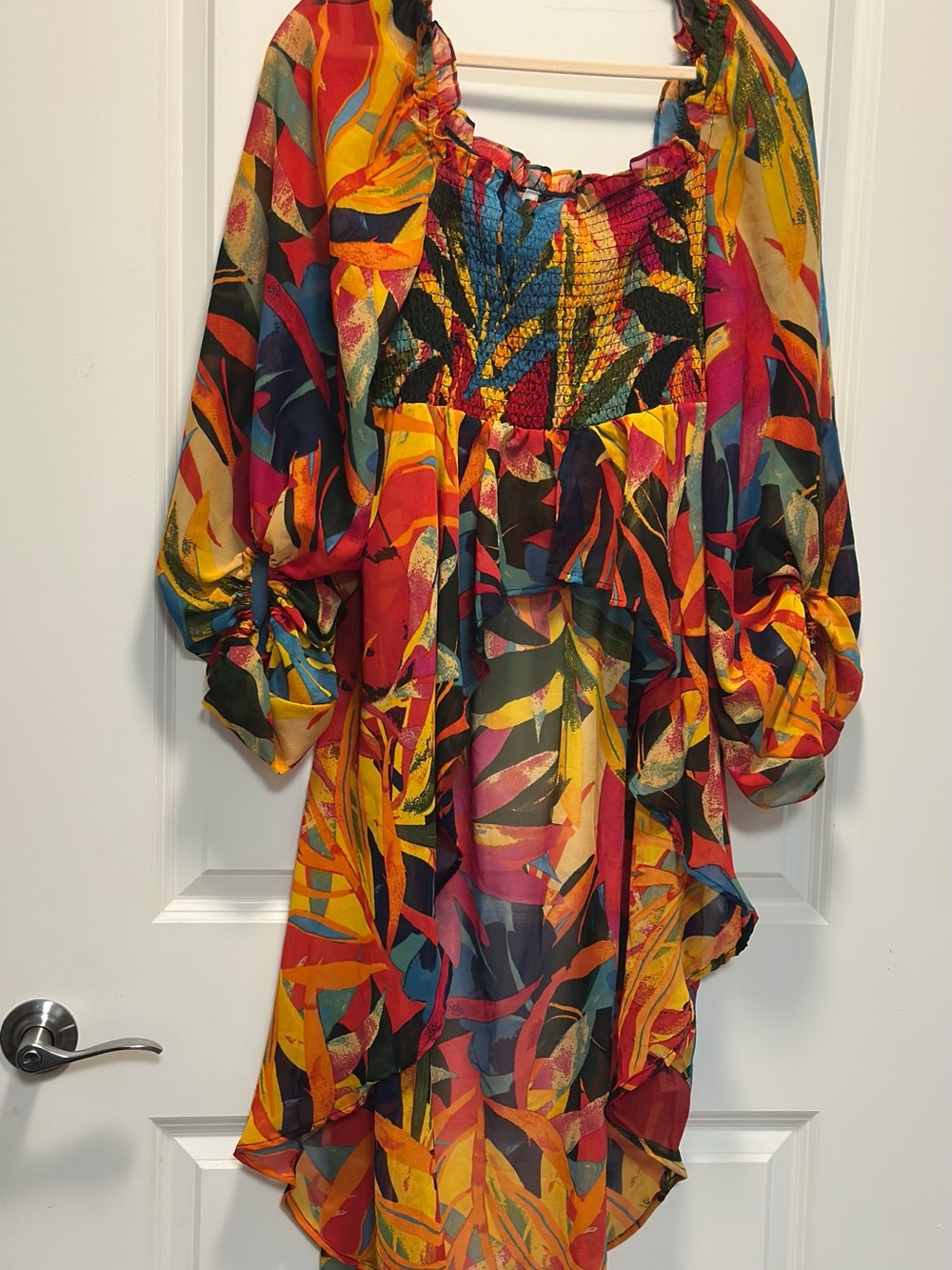 Vtg Live 4 Truth Kimono Women Large Tropical High Low Vibrant Floral Smocked Top